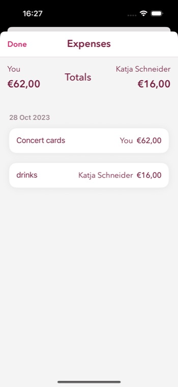 App screen: expenses with totals per person