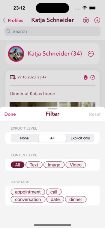 App screen: profile with a diary entry and filters